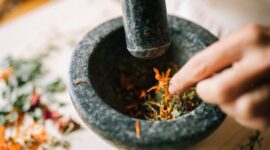 Seorang ahli pengobatan tradisional di Kutai sedang menyiapkan ramuan herbal dari berbagai jenis akar dan dedaunan khas Kalimantan, menunjukkan kekayaan kearifan lokal dalam meracik obat alami. Proses peracikan ini menjadi bagian tak terpisahkan dari budaya masyarakat Kutai dalam menjaga kesehatan tubuh secara turun-temurun.